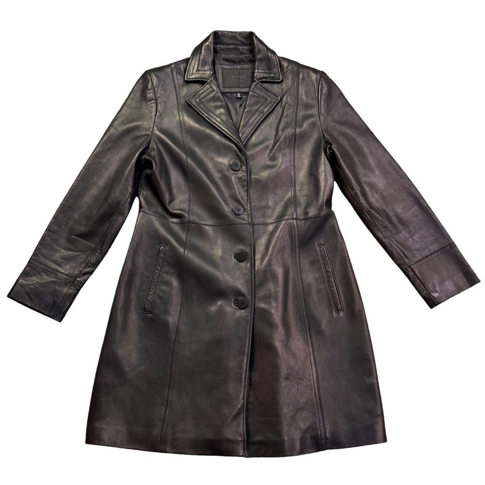 AVANTI NEW YORK Womens Black Leather Button Front Knee Length Coat Jacket‎ L